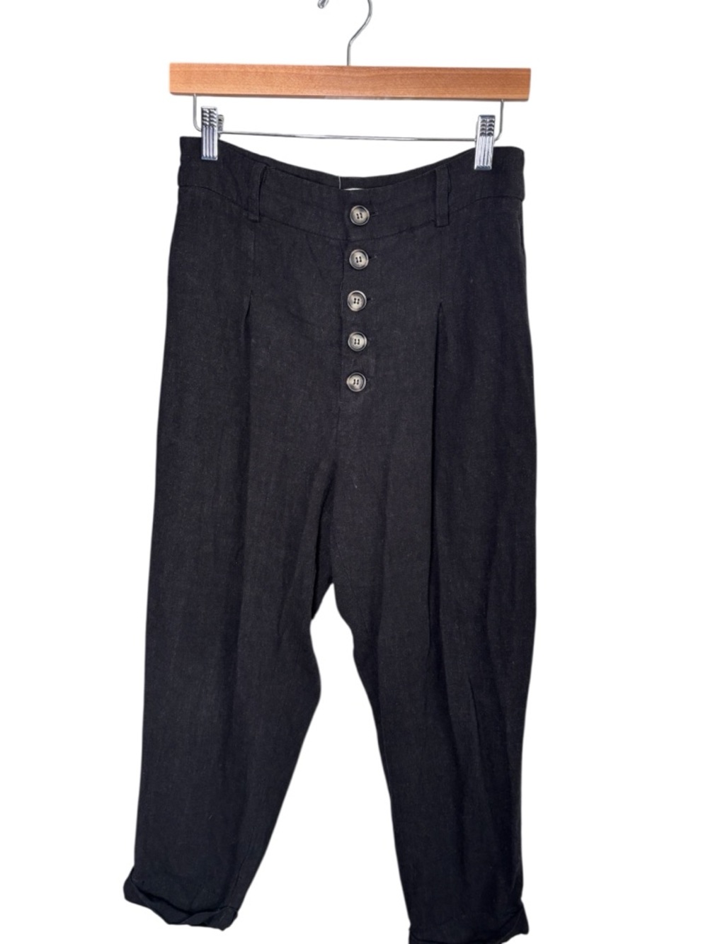 Illa Illa Black High Rise 5 Button Baggy Linen Blend Pants Size Small